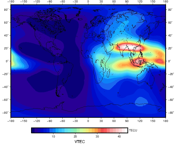 Global ionospheric map calculated with NeQuick G for the 18 09 2019 at 07 UT (DOY 261, 2019)